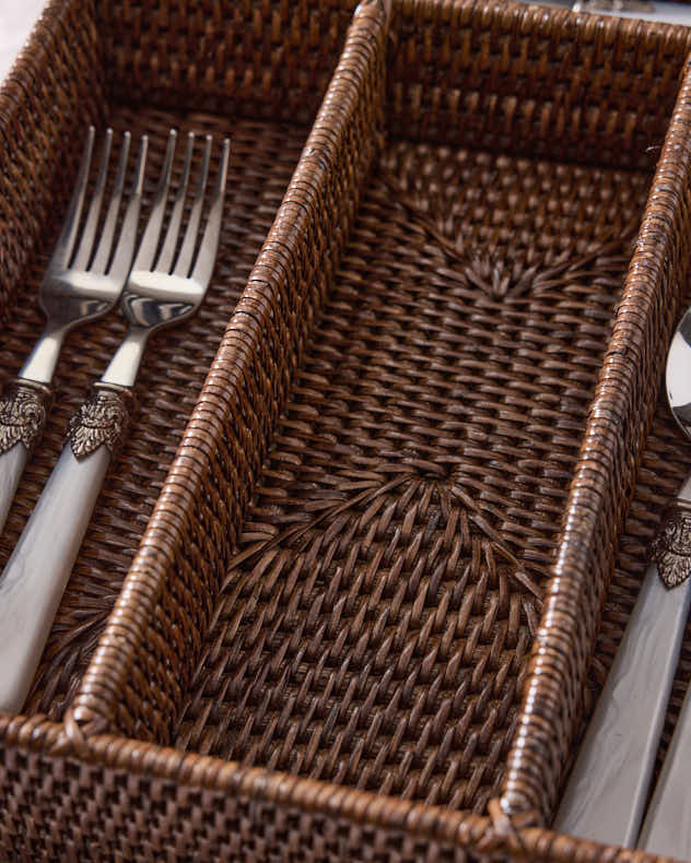 4 Compartment Brown Rattan Cutlery Basket - Image 3