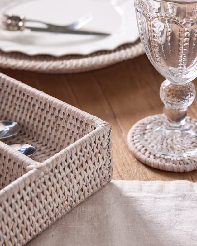 4 Compartment White Rattan Cutlery Basket - Image 3