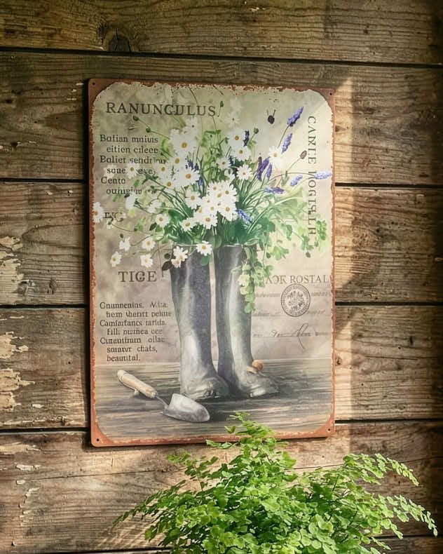 Distressed Metal Wellington Boots Garden Sign