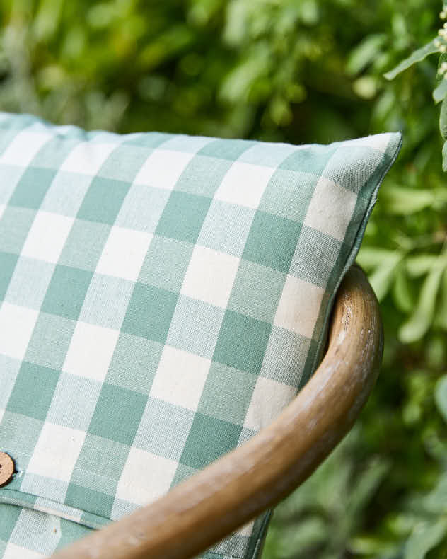 Green Gingham Garden Cushion with Wooden Buttons - Image 3