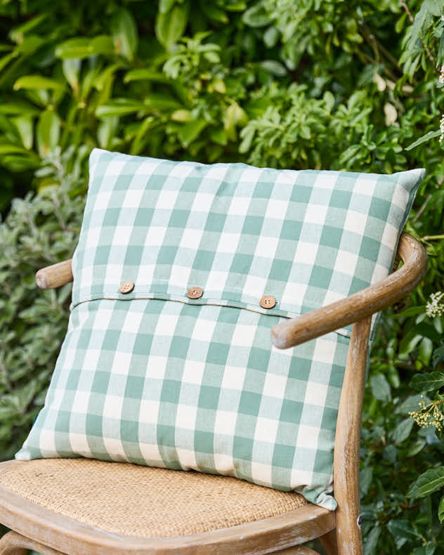 Green Gingham Garden Cushion with Wooden Buttons - Image 4