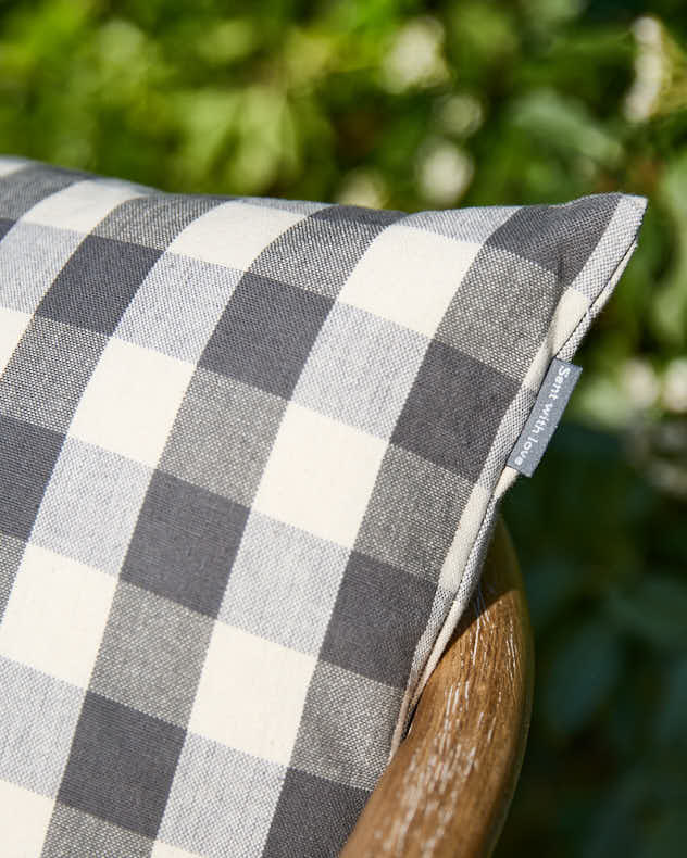 Grey Gingham Garden Cushion with Wooden Buttons - Image 4