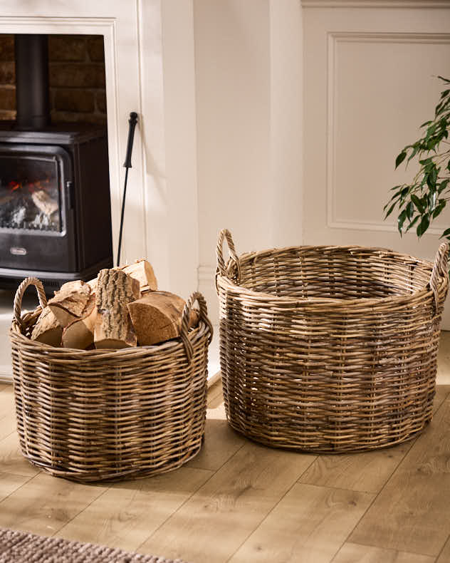 Grey Rattan Log Basket with Handles
