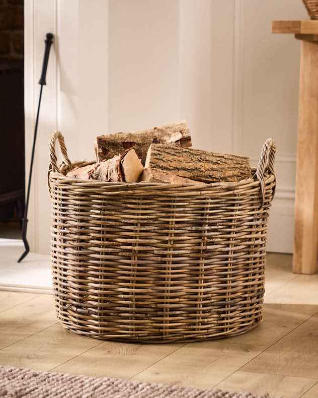 Grey Rattan Log Basket with Handles - Image 4