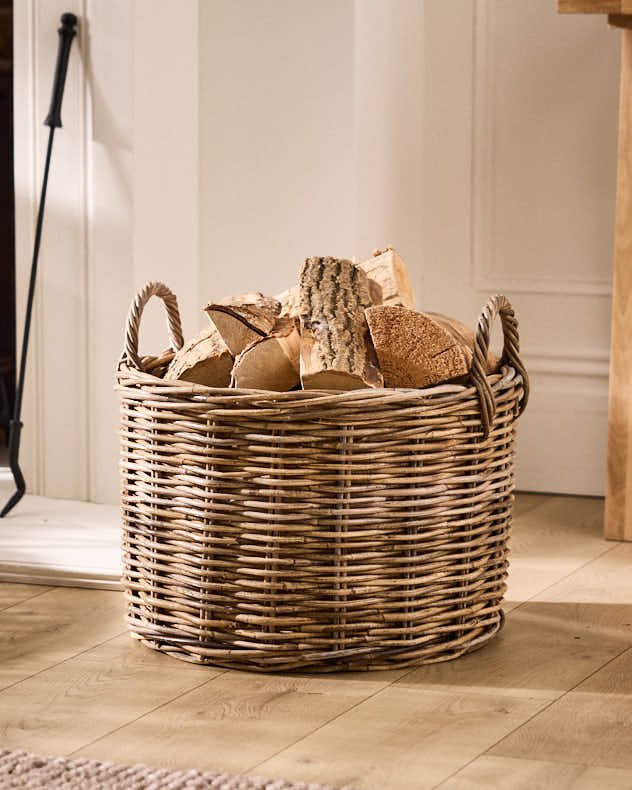 Grey Rattan Log Basket with Handles - Image 5