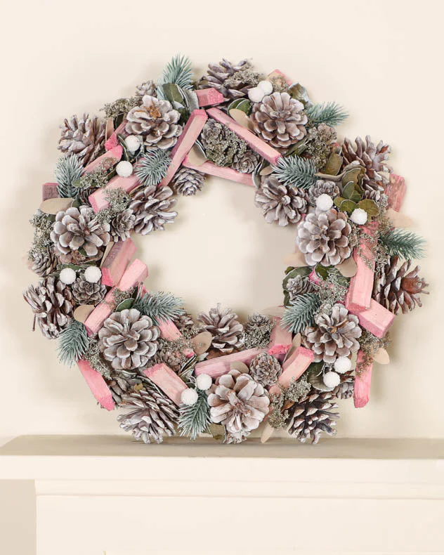 Festive Pink Frosted Indoor Wreath 33cm - Image 4