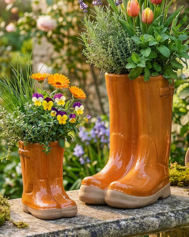 Little & Large Orange Welly Boot Plant Pots