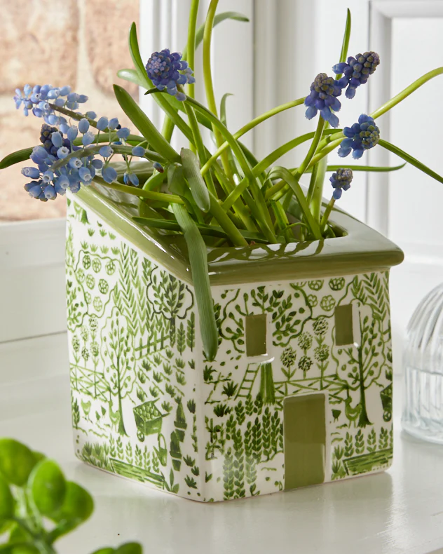 Green & White Painted House Planter