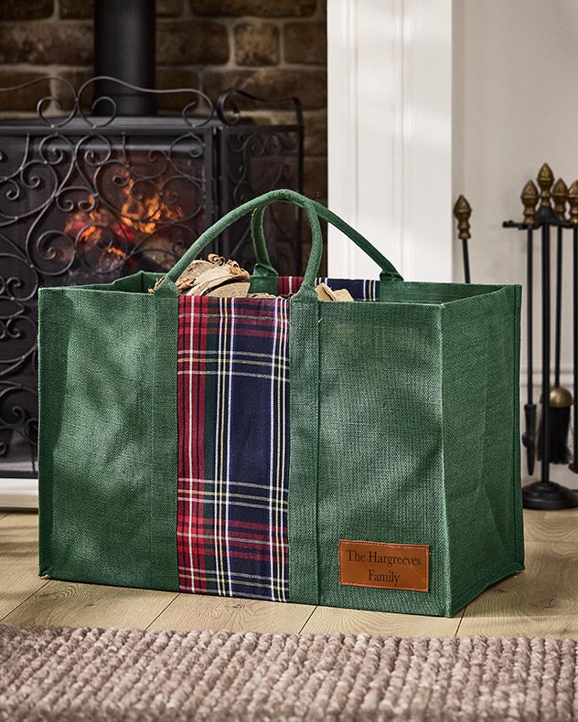 Personalised Green Tartan Jute Log Fire Bag - Image 3
