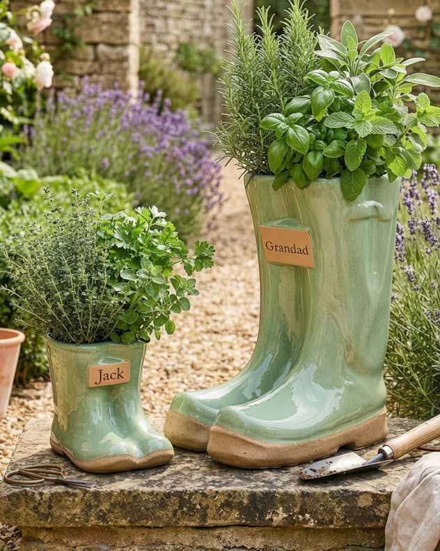 Personalised Sage Green Wellington Planter Gift Set