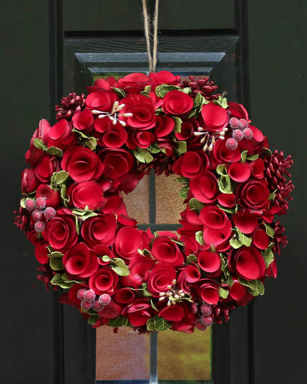 Red Crimson Rose Christmas Wreath 35cm - Image 4