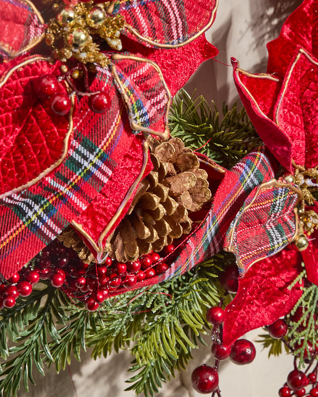Red Tartan Poinsettia Wreath 58cm - Image 3