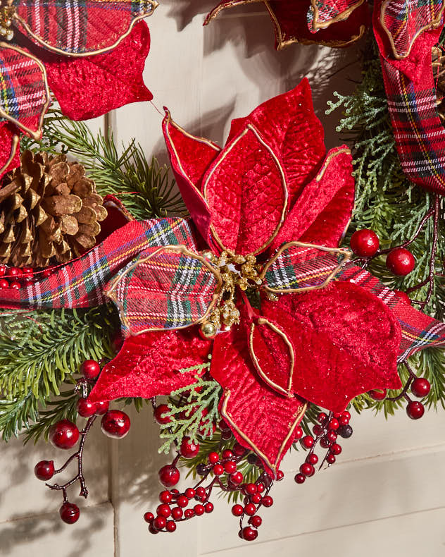 Red Tartan Poinsettia Wreath 58cm - Image 4