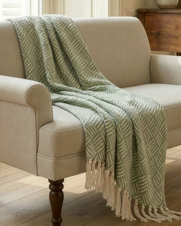 Sage and Ivory Cotton Throw With Tassels