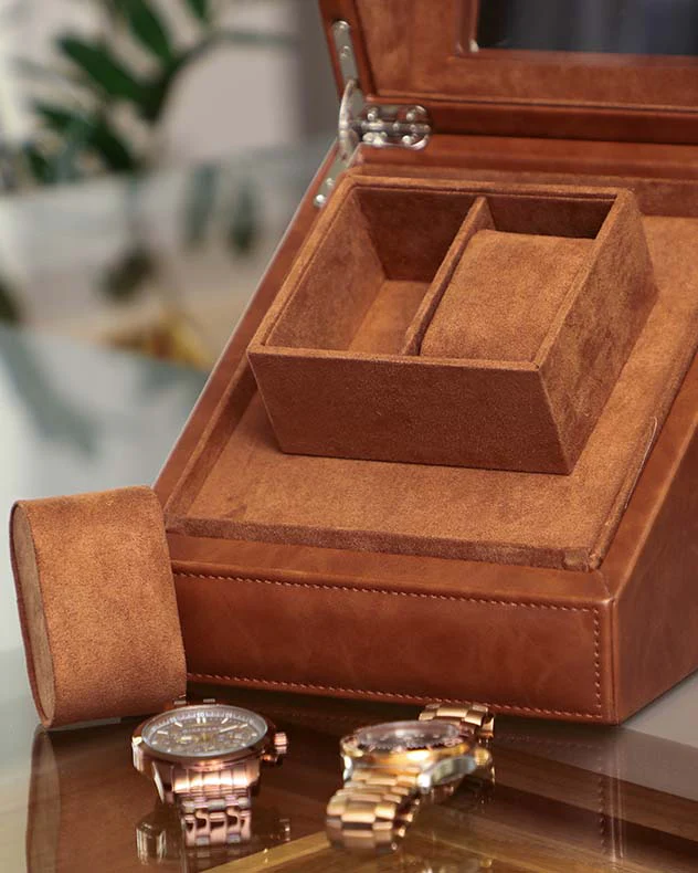 Tan Brown Leather Double Watch Display Case - Image 3