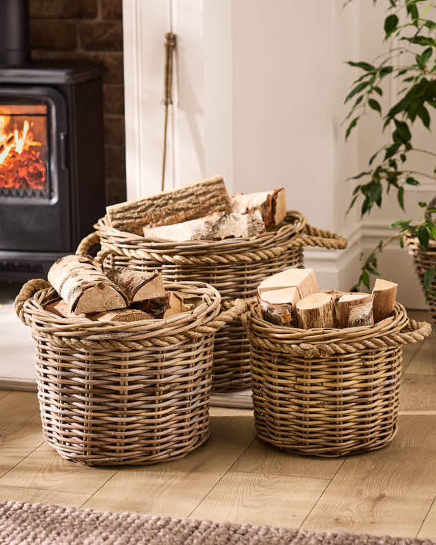Wicker Log Basket with Rope Handles