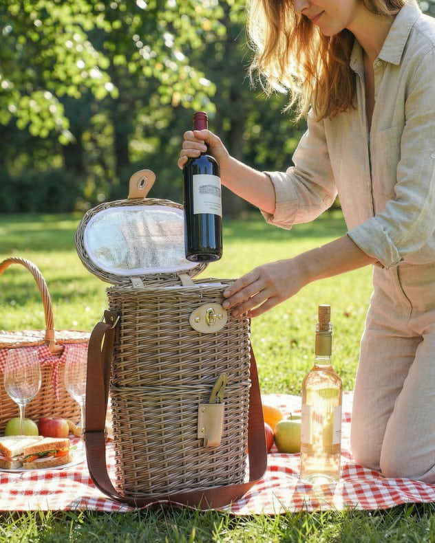 Wicker Two Bottle Carrier with Canvas Carry Strap - Image 3